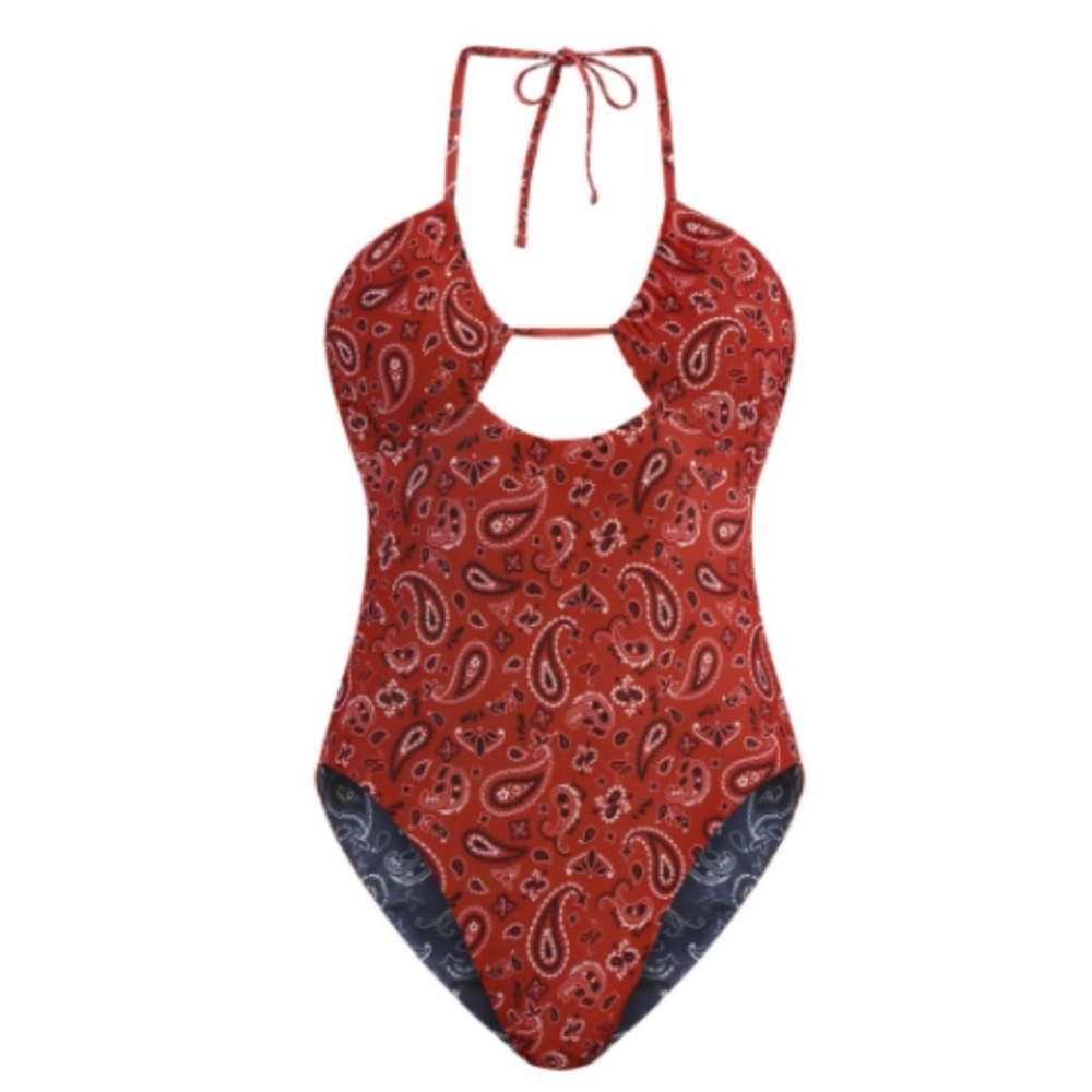 Paisley Halter Neck Bandana Reversible High Leg One Piece Swimsuit